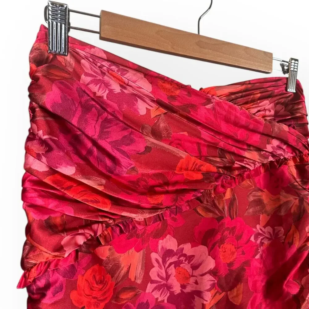 FOR LOVE & LEMONS Alia Floral Satin Mini Skirt Red Ruched Ruffle Festival Club